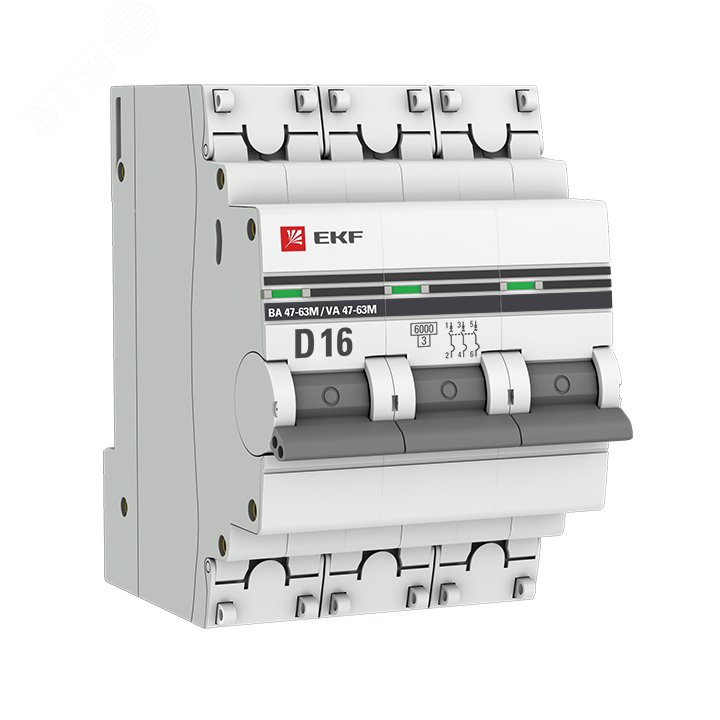 Автоматический выключатель 3P 16А (D) 6кА ВА 47-63M c одним магнитным расцепителем mcb4763m-6-3-16D-pro EKF - превью