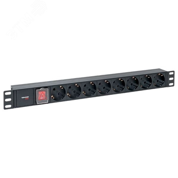 Изображение товара Блок розеток PDU TERACOM PRO 19'' 1U 10А/250В 8 розеток Schuko с выключателем без шнура питания входной разъем C14 корпус алюминий черный (шт)