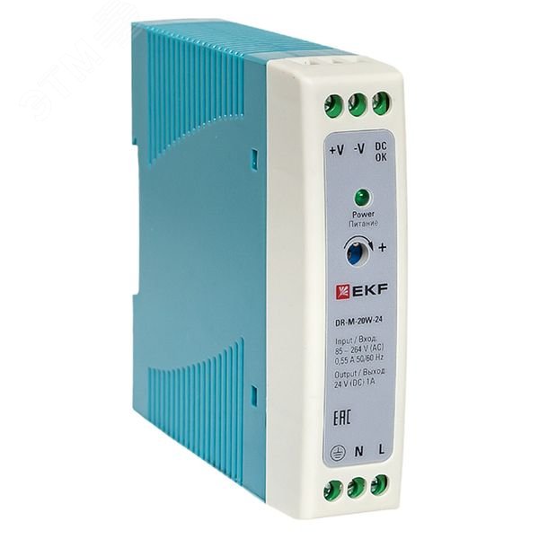 Изображение товара Блок питания EKF PROxima DR-M-20W-24 20 Вт 24 В DC на DIN рейку Изображение товара Блок питания EKF PROxima DR-M-20W-24 20 Вт 24 В DC на DIN рейку