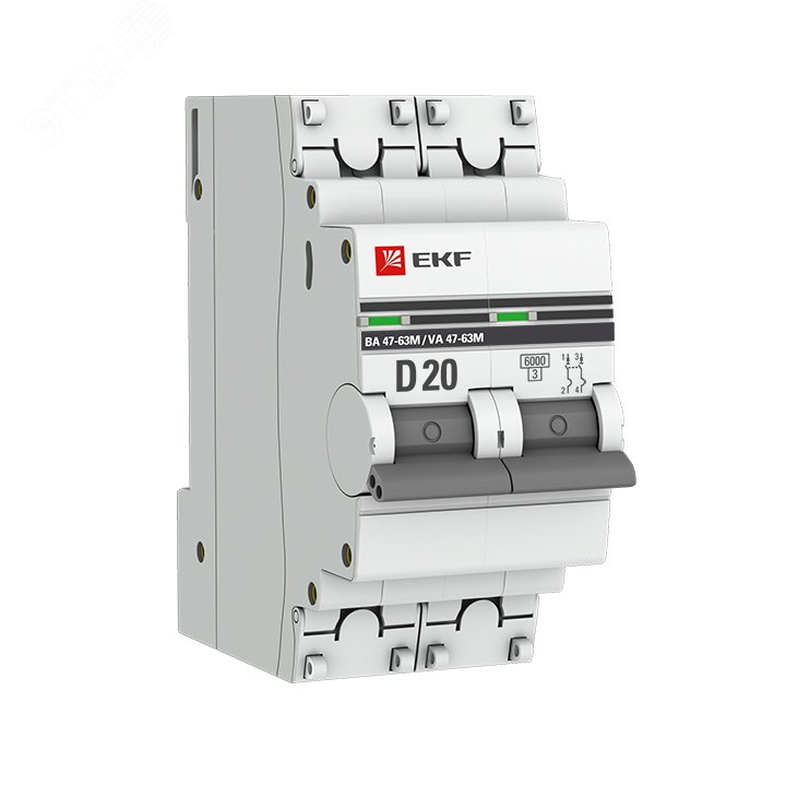 Автоматический выключатель 2P 20А (D) 6кА ВА 47-63M c одним магнитным расцепителем mcb4763m-6-2-20D-pro EKF - превью