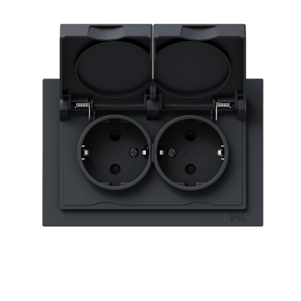 Механизм розетки двойной  16А  IP44  с заземлением  со шторками  с рамкой  с крышками  графит Эпика EKF