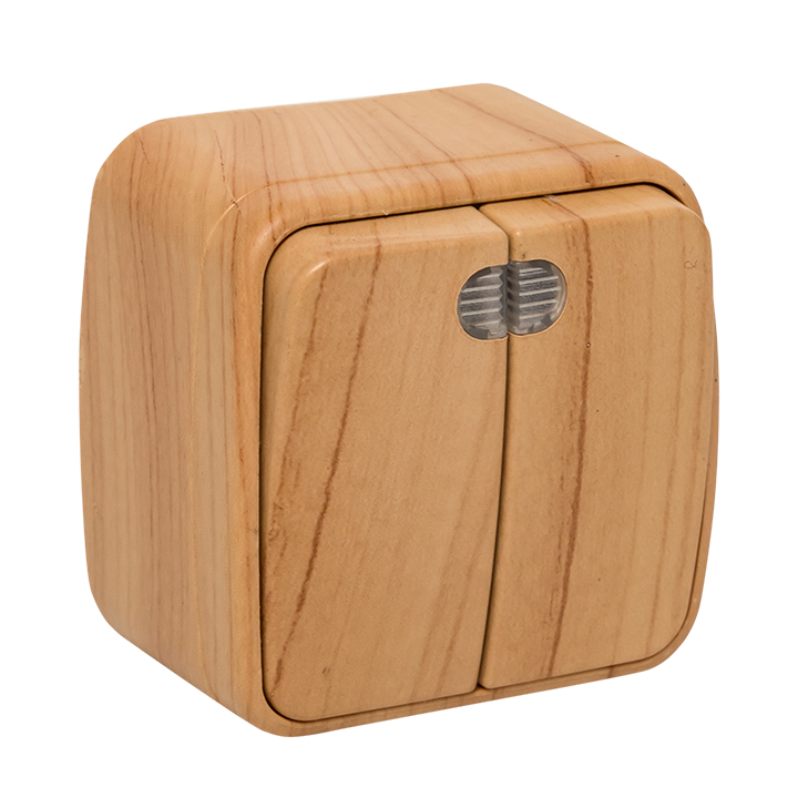 Выключатель двухклавишный ОП Минск 10А с индикатором светлое дерево