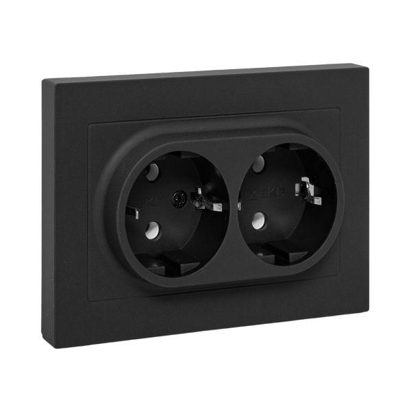 Эпика Механизм розетки двойной 16А с заземлением без шторок с рамкой черный EKF