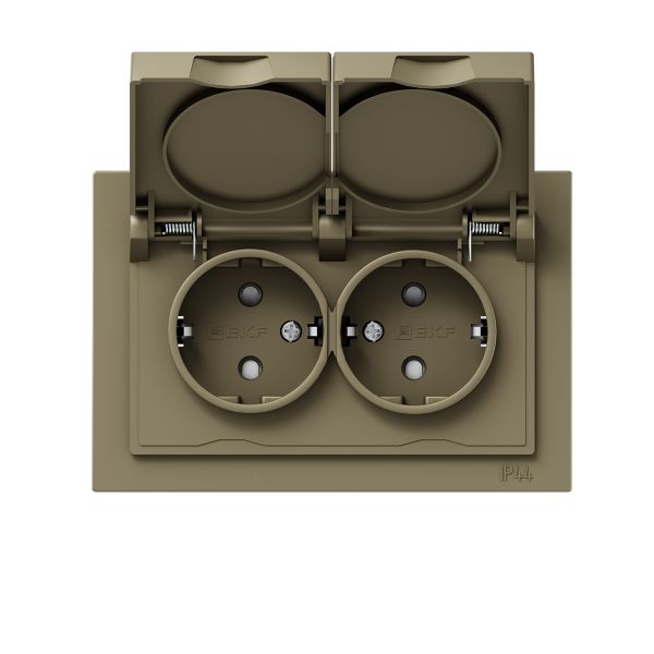 Механизм розетки двойной  16А  IP44  с заземлением  со шторками  с рамкой  с крышками  шампань Эпика EKF