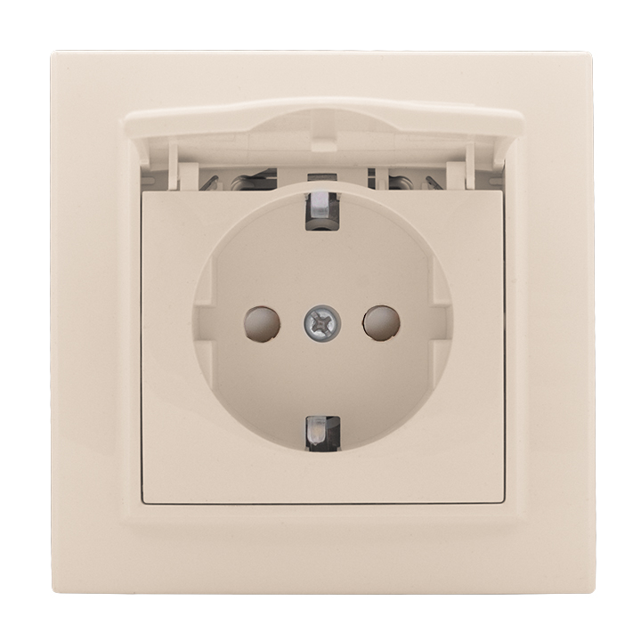Розетка одноместная СП с заземлением Минск с крышкой 16А бежевая с защитными шторками