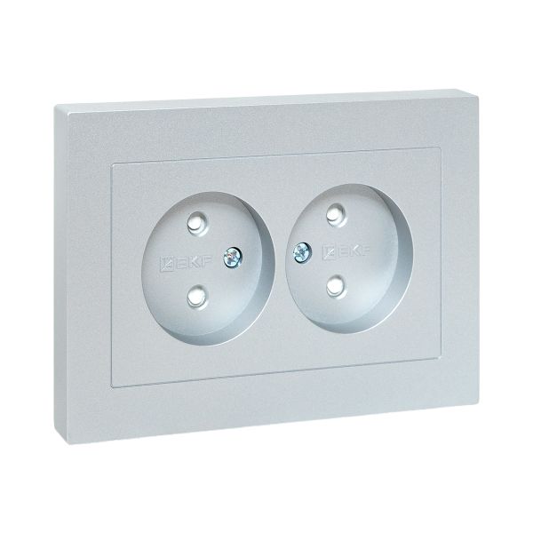 Эпика Механизм розетки двойной 16А без заземления со шторками с рамкой алюминий EKF