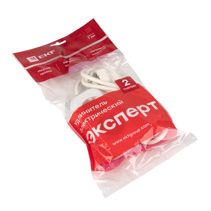 Удлинитель Эксперт 2 гнезда 2 метра 16А/3,0кВт с заземлением ПВС 3х1