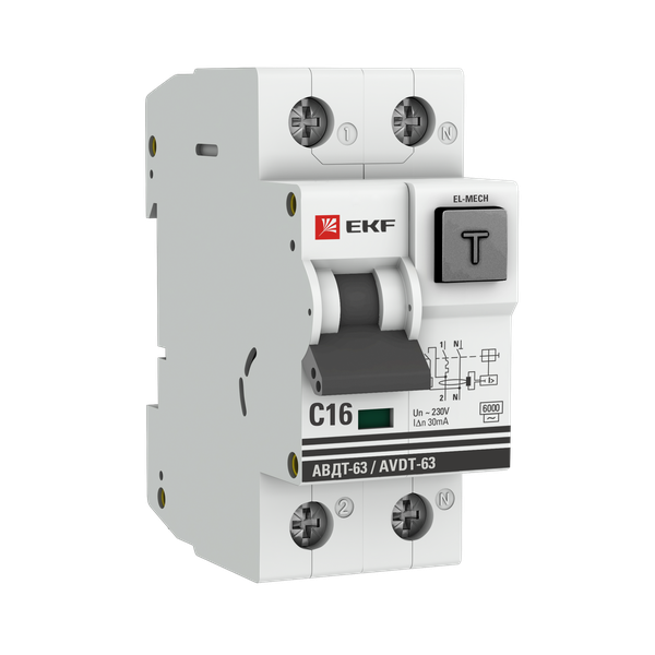 Автоматический выключатель дифференциального тока АВДТ-63 1P+N 16А характеристика C 30мА тип AС электромеханический 6кА EKF PROXIMA