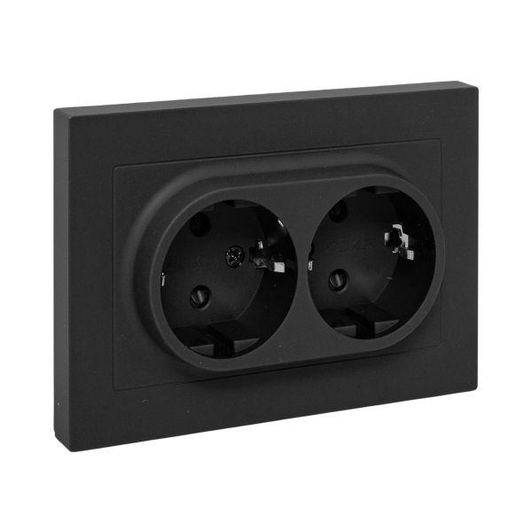 Эпика Механизм розетки двойной 16А с заземлением со шторками с рамкой черный EKF