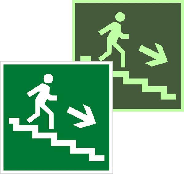 Знак эвакуационный E 13 ''Направление к эвакуационному выходу по лестнице вниз направо'' 200х200 мм, пленка самоклеящаяся с фотолюминесцентным покрытием ГОСТ Р 12.4.026-2001