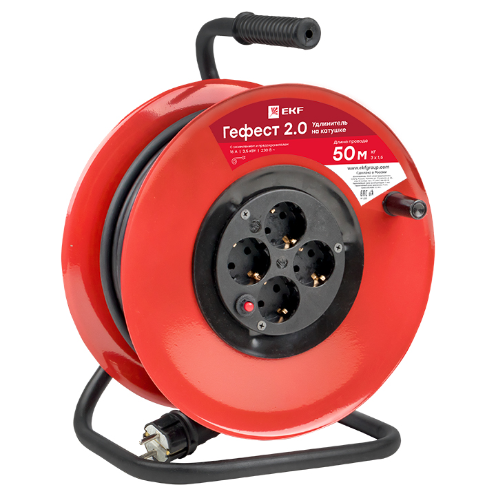 Удлинитель на катушке Гефест 2.0 4 гнезда 50м с заземлением и предохранителем КГ 3x1.5 16А/3.5кВт PROxima