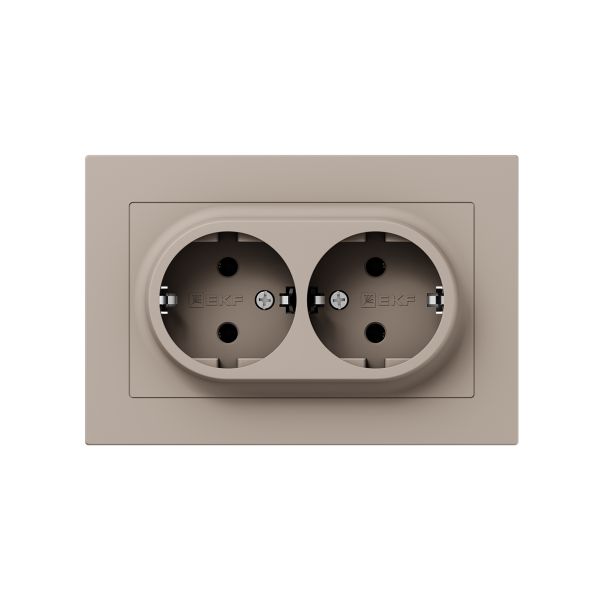 Механизм розетки двойной  16А  с заземлением  без шторок  с рамкой  кремовый Эпика EKF
