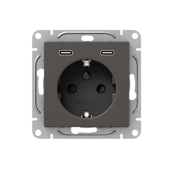 Механизм розетки с USB-C - 2шт  16А  с заземлением  со шторками  мокко Эпика EKF