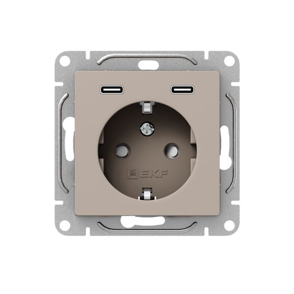 Механизм розетки с USB-C - 2шт  16А  с заземлением  со шторками  кремовый Эпика EKF