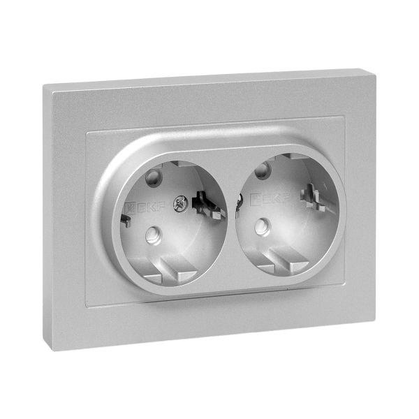 Эпика Механизм розетки двойной 16А с заземлением со шторками с рамкой алюминий EKF