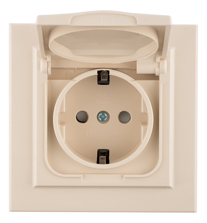 Розетка Минск 1-местная СП с заземлением с крышкой 16А бежевая с защитными шторками IP44