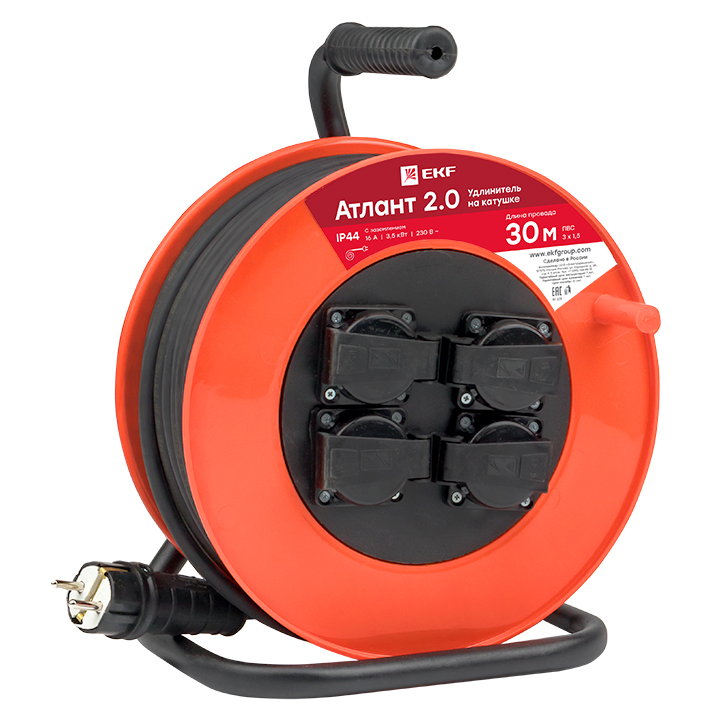 Удлинитель на катушке 'Атлант 2.0' 4 гнезда 30м с заземлением ПВС 3x1.5 16А/3.5кВт IP44 PROxima
