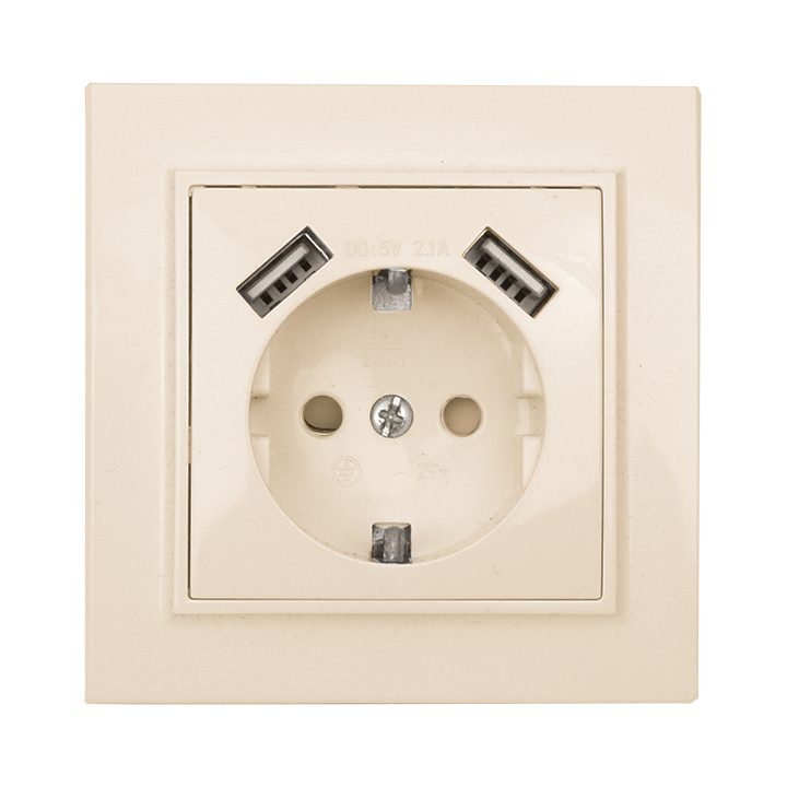 Розетка Минск 1-местная СП с заземлением 16А бежевая с защитными шторками с 2 USB 2,1А