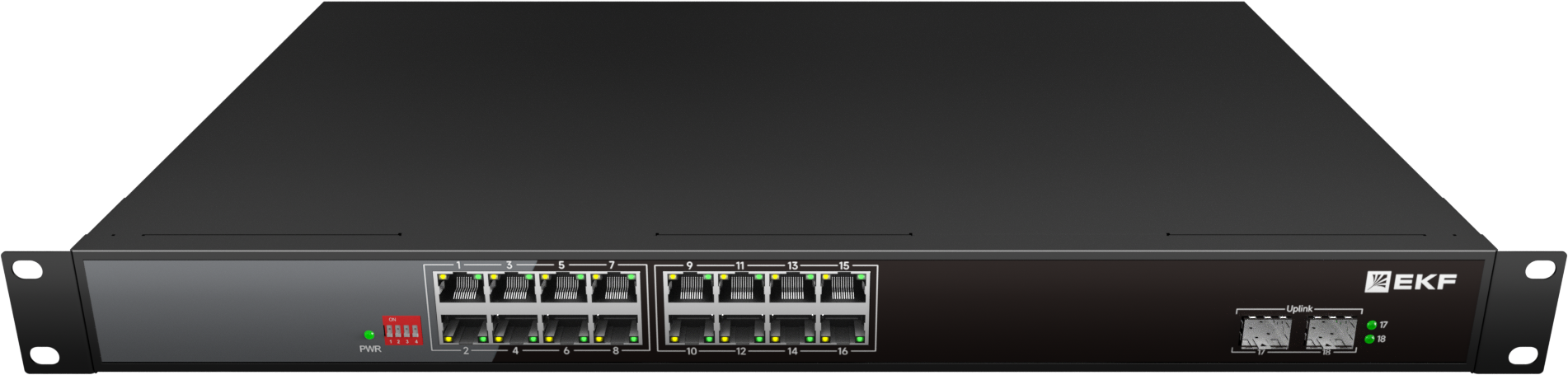 Коммутатор промышленный неуправляемый U-2GX/SFP-16GTP-R, 2 порта 1000Base-X SFP, 16 портов 10/100/1000Base-T(X) RJ45 c PoE, монтаж в 19'' стойку TSX EKF