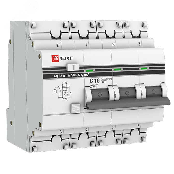 Дифференциальный автомат АД-32 3P+N 16А/30мА (хар. C, A, электронный, защита 270В) 6кА PROxima DA32-6-16-30-4P-a-pro EKF - превью 2