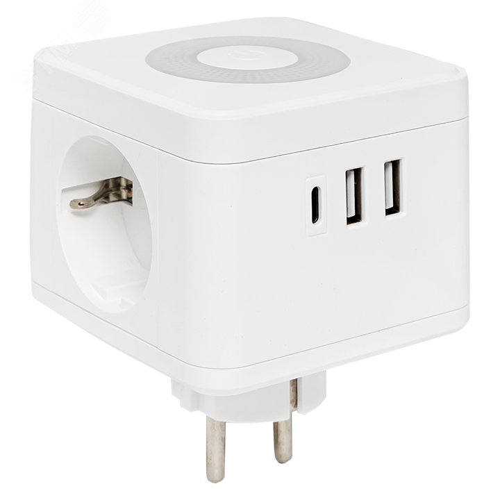 Изображение товара Тройник Куб с USB и ночником EKF, 2 гнезда 2,4А, Type C, выключатель