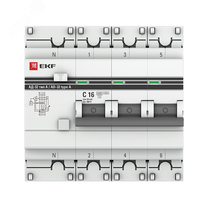 Дифференциальный автомат АД-32 3P+N 16А/30мА (хар. C, A, электронный, защита 270В) 6кА PROxima DA32-6-16-30-4P-a-pro EKF - превью 3