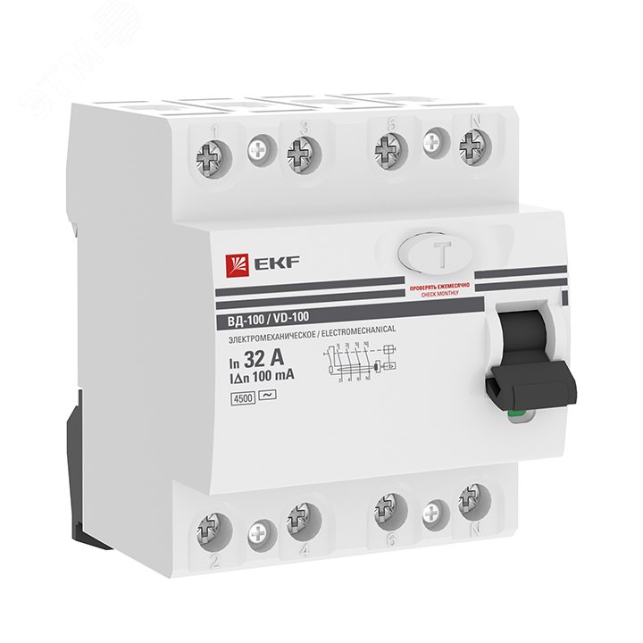 Выключатель дифференциального тока (УЗО) ВД-100 4P 32А/100мА (электромеханическое) PROxima elcb-4-32-100-em-pro EKF - превью 2