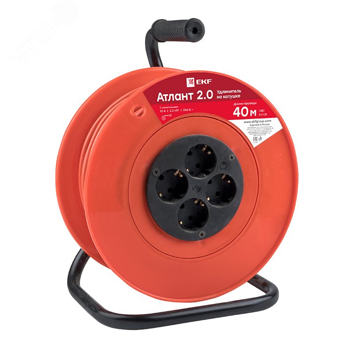 Изображение товара Удлинитель на катушке Атлант 2.0 4 гнезда 40м с заземлением ПВС 3x1.0 10А/2.2кВт PROxima (шт)