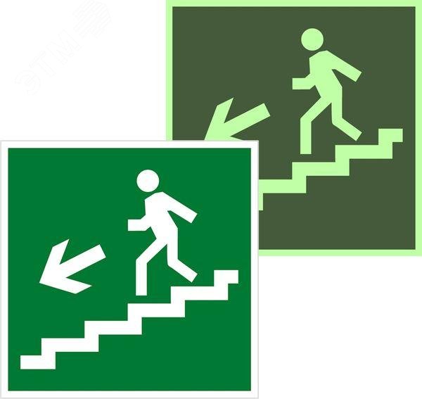 Изображение товара Знак эвакуационный E 14 ''Направление к эвакуационному выходу по лестнице вниз налево'' 200х200 мм, пластик самоклеящаяся с фотолюминесцентным покрытием ГОСТ Р 12 .4.026-2001 (шт)