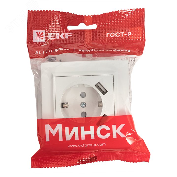 Розетка Минск 1-местная СП с заземлением 16А белая с защитными шторками с 2 USB 2,1А ERR16-028-100-2USB EKF - превью 2