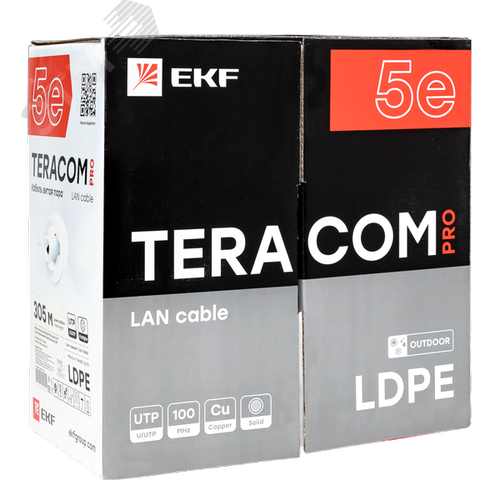 Витая пара TERACOM PRO 5E U/UTP 4 пары solid OUT 24AWG LDPE черный 305м - фото 3