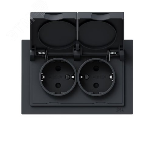 Механизм розетки двойной  16А  IP44  с заземлением  со шторками  с рамкой  с крышками  графит Эпика EKF - фото 1