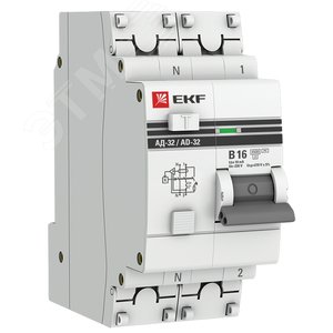 Дифференциальный автомат АД-32 1P+N 16А/10мА (хар. B, AC, электронный, защита 270В) 4,5кА PROxima DA32-16-B-10-pro EKF