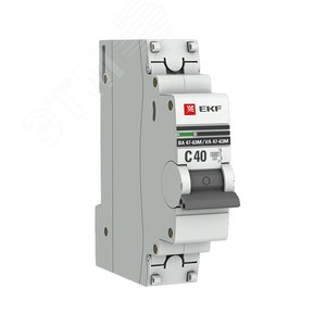 Автоматический выключатель 1P 40А (C) 6кА ВА 47-63M c электромагнитным расцепителем PROxima mcb4763m-6-1-40C-pro EKF