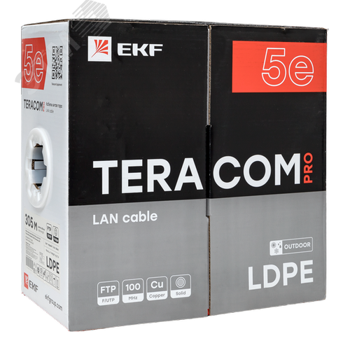 Витая пара TERACOM PRO 5E F/UTP 4 пары solid OUT 24AWG LDPE черный 305м - фото 3