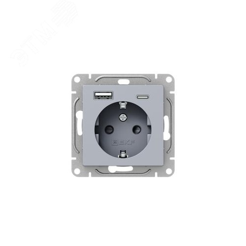 Механизм розетки с USB-A+С - 2шт, 16А, с заземлением, со шторками, алюминий Эпика EKF - фото 1