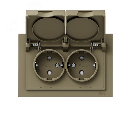 Механизм розетки двойной  16А  IP44  с заземлением  со шторками  с рамкой  с крышками  шампань Эпика EKF - фото 1