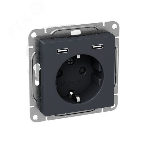Механизм розетки с USB-C - 2шт  16А  с заземлением  со шторками  графит Эпика EKF - фото 2