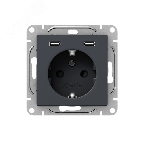 Механизм розетки с USB-C - 2шт  16А  с заземлением  со шторками  графит Эпика EKF - фото 1