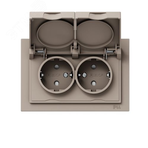 Механизм розетки двойной  16А  IP44  с заземлением  со шторками  с рамкой  с крышками  кремовый Эпика EKF - фото 1