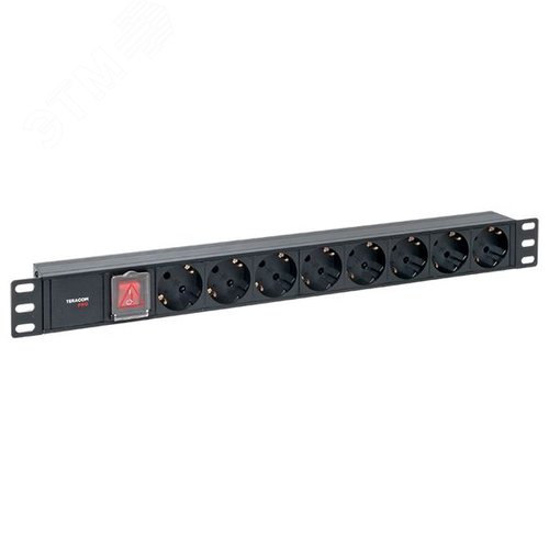 Блок розеток PDU TERACOM PRO 19'' 1U 10А/250В 8 розеток Schuko с выключателем без шнура питания входной разъем C14 корпус алюминий черный - фото 1
