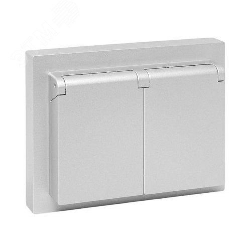 Эпика Механизм розетки двойной 16А IP44 с заземлением со шторками с рамкой с крышками алюминий EKF - фото 1