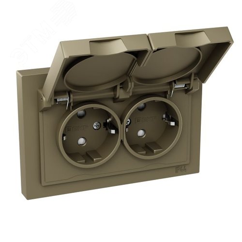 Механизм розетки двойной  16А  IP44  с заземлением  со шторками  с рамкой  с крышками  шампань Эпика EKF - фото 2