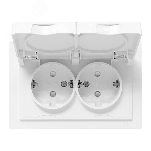 Эпика Механизм розетки двойной 16А IP44 с заземлением со шторками с рамкой с крышками белый EKF - фото 4