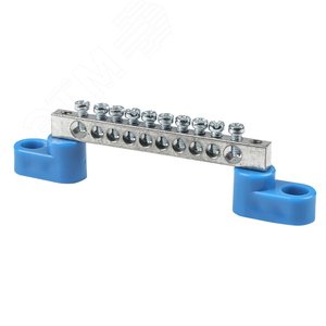 Шина 0 N (6x9мм) 10 отв. цинк 2 синих угловых изолятора - фото 1