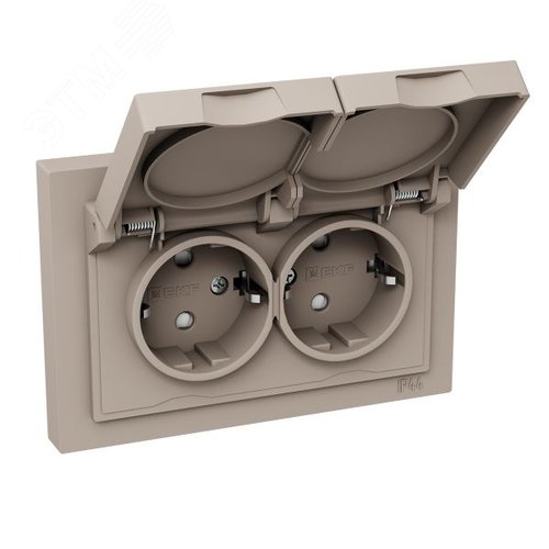Механизм розетки двойной  16А  IP44  с заземлением  со шторками  с рамкой  с крышками  кремовый Эпика EKF - фото 2