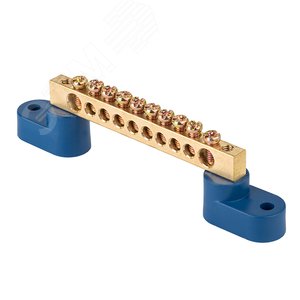 Шина 0 N (6х9мм) 10 отверстий латунь 2 синих угловых изолятора PROxima - фото 2