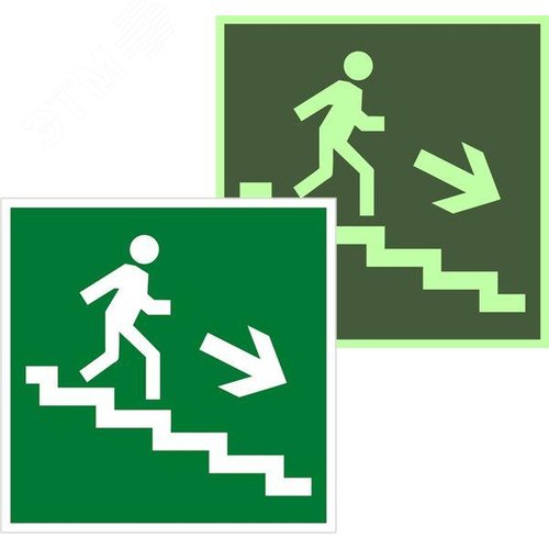 Изображение товара Знак эвакуационный E 13 ''Направление к эвакуационному выходу по лестнице вниз направо'' 200х200 мм, пленка самоклеящаяся с фотолюминесцентным покрытием ГОСТ Р 12.4.026-2001 (шт)