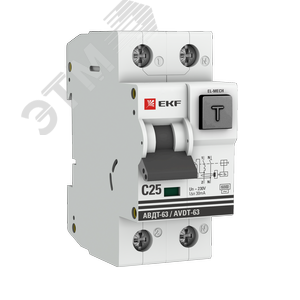 Изображение товара Автомат дифференциальный Автоматический выключатель дифференциального тока АВДТ-63 25А/ 30мА (характеристика C, эл-мех тип AC) 6кА PROxima (шт)