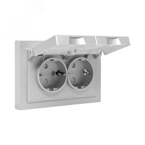 Эпика Механизм розетки двойной 16А IP44 с заземлением со шторками с рамкой с крышками алюминий EKF - фото 2